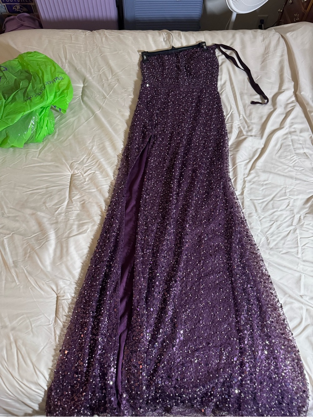 Cinderella Deep Purple Sequin Prom Gown with Side Slit